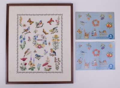 Geborduurd schilderij vogeltjes bloemetjes vlindertjes